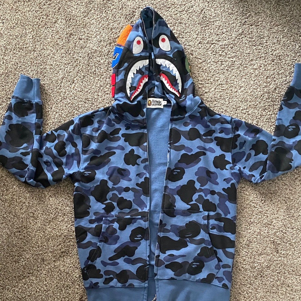 Bape Kids Blue and Black Camouflage Shark Hoodie